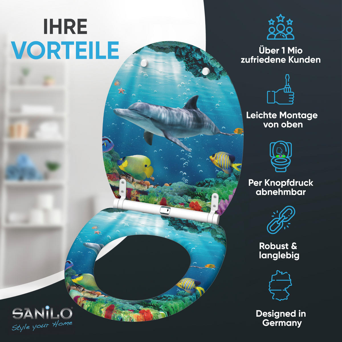 WC-SITZ Absenkautomatik Delphin Korallen - Blau, Holzwerkstoff (37.7/5.5/48cm) - Sanilo