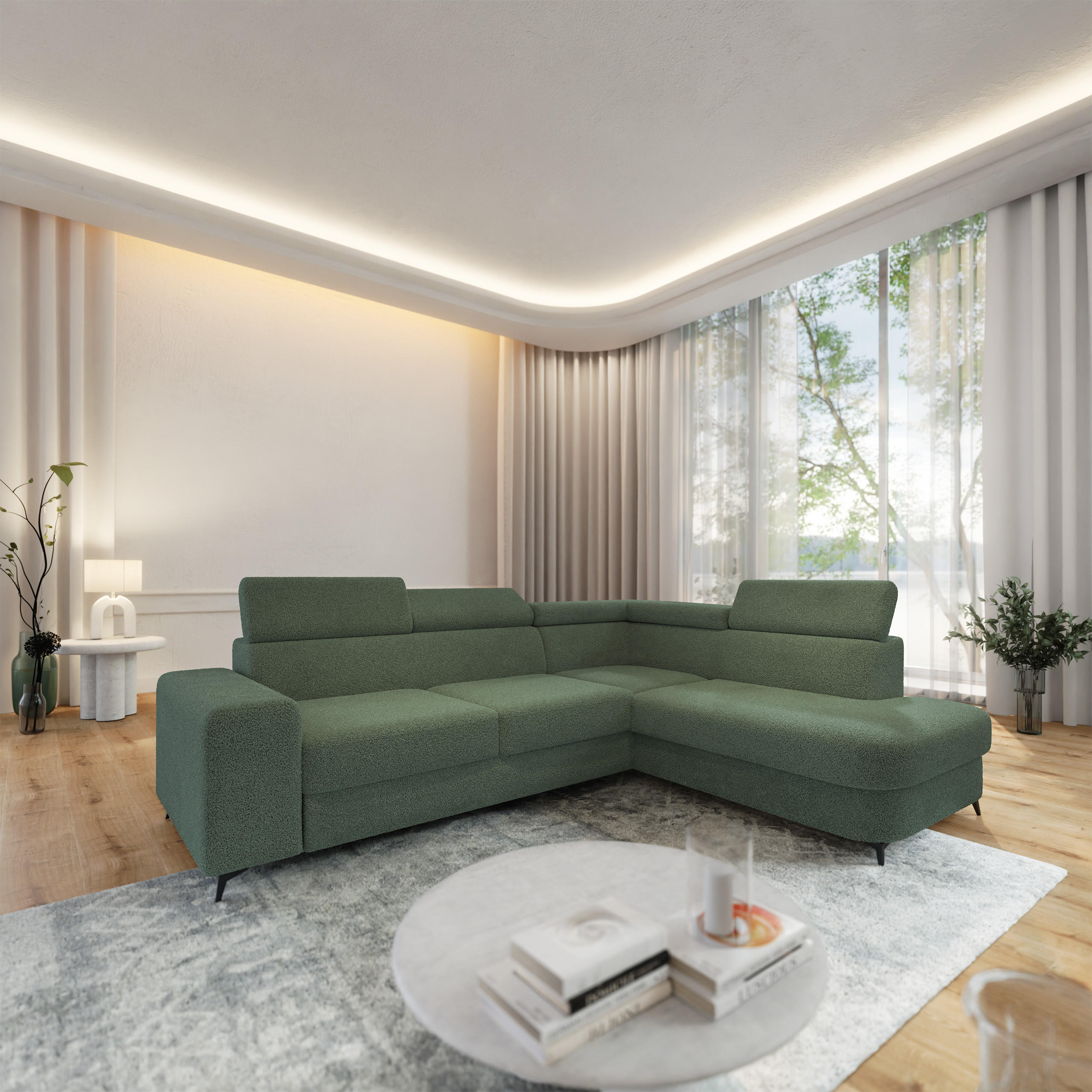 ECKSOFA ALVORO R-S Grün Boucle-Stoff mit Schlaffunktion - Grün, Holz (253/190cm) - MASSENO