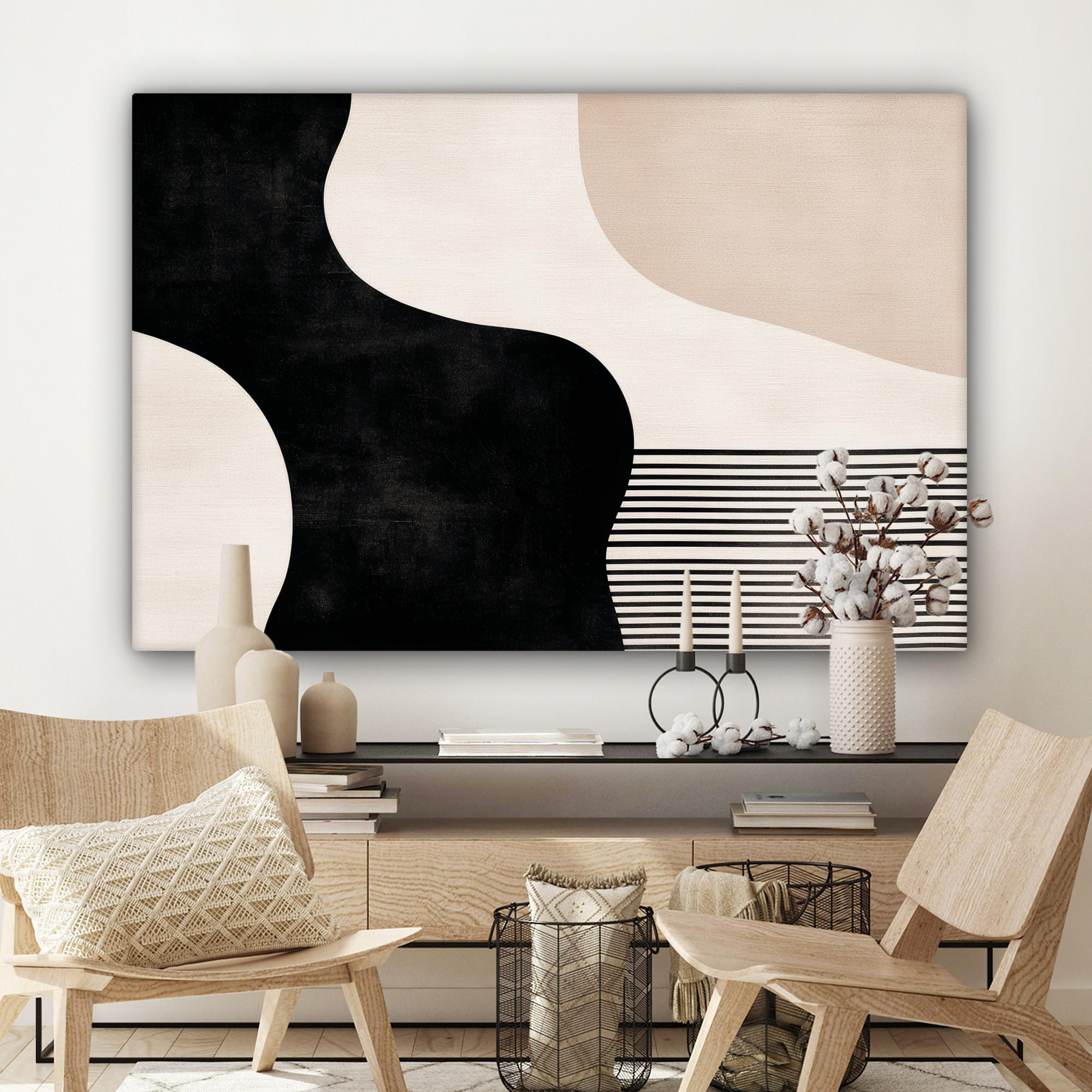 LEINWANDBILD Abstrakt - Japandi - Beige - Modern XXL 150x100 cm - Schwarz, Textil (150/100cm) - MuchoWow