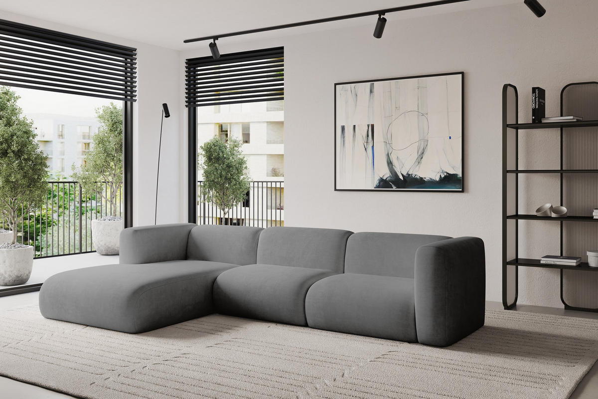ECKSOFA Ottomane Links MIRA-L2 318x179x89 Grau Velours - Schieferfarben/Schwarz, Holzwerkstoff/Kunststoff (318/179cm) - ALTDECOR