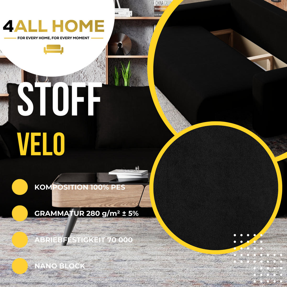 SOFA Bubi mit Bettkasten und Schlaffunktion, Velourstoff - Schwarz, Holzwerkstoff (242/85/95cm)