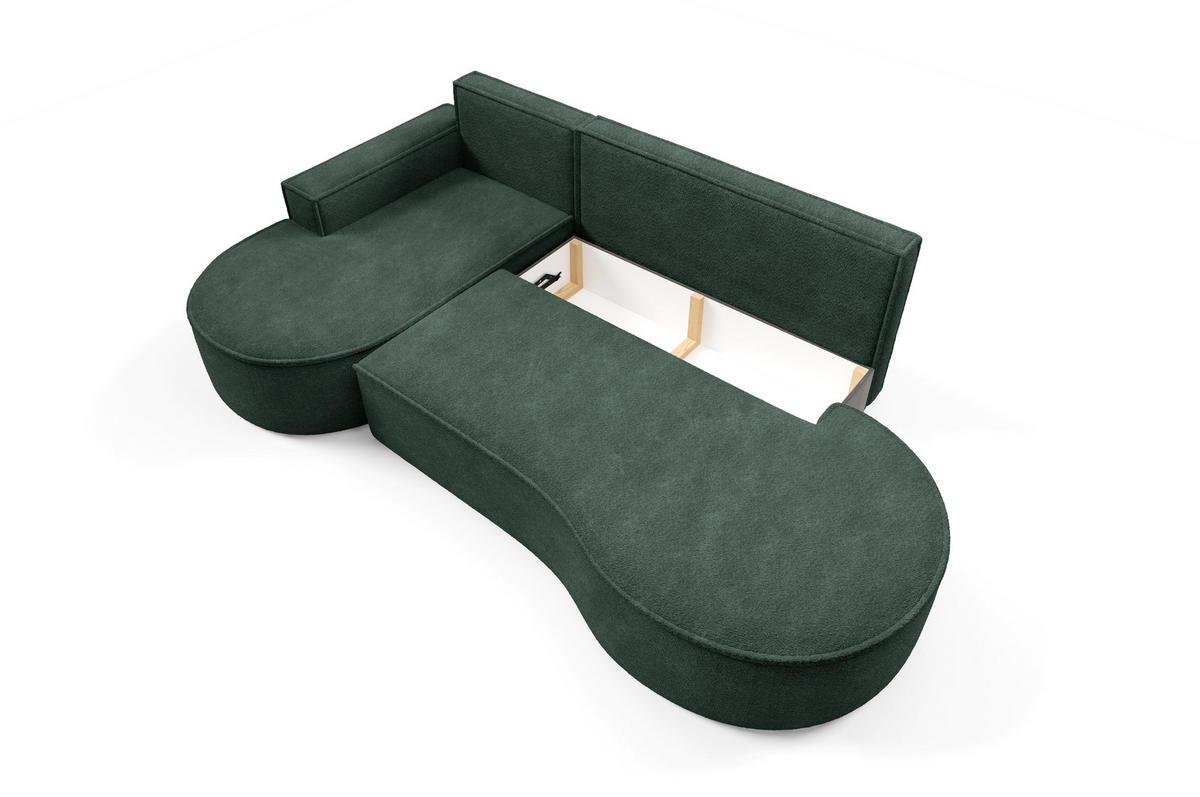 ECKSOFA MOLLY mit Schlaffunktion – Halbrund, freistehend, Liegefläche 140x207 cm, 3 Kissen, Abriamo-Stoff, 277x157x88 cm, Links Grün - Grün, Holz/Textil (157/277cm) - DomoHome