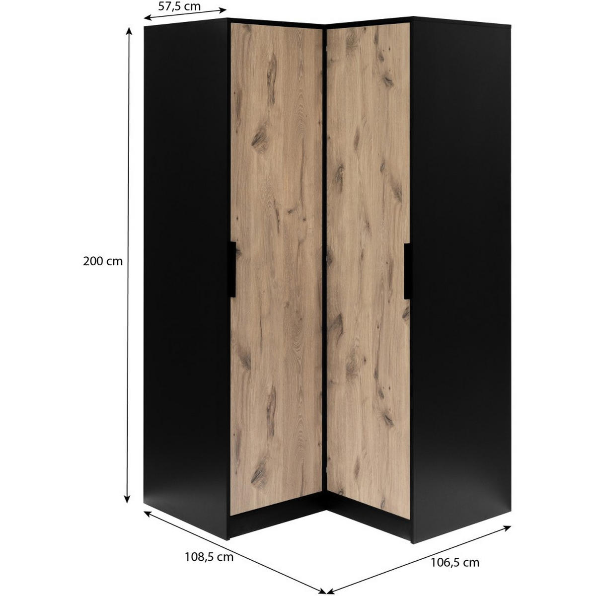 ECKSCHRANK Livo, Eckdrehtürenschrank mit 2 Türen, Schwarz+eiche Viking - Eichefarben/Schwarz, Holzwerkstoff (108.5/200/106.5cm) - Beautysofa