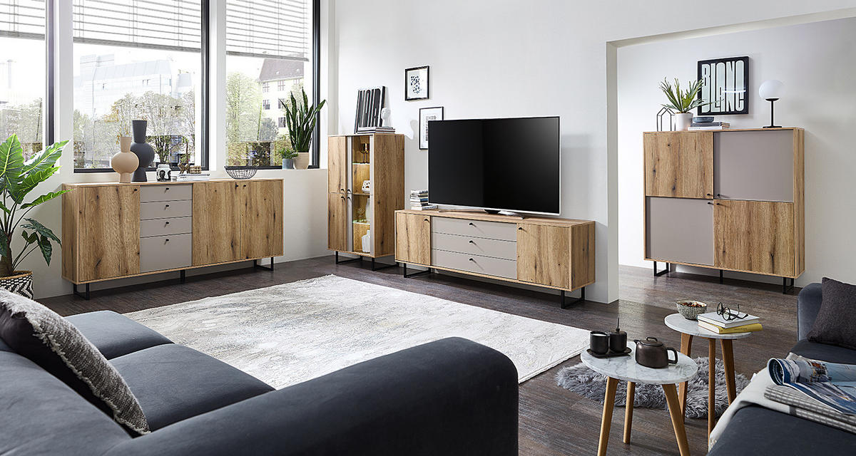 SIDEBOARD - Eiche Evoke Dekor / Hellgrau - Eichefarben/Schwarz, Holzwerkstoff/Kunststoff (183/83/40cm) - home24