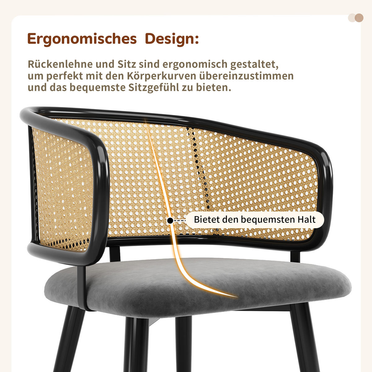 ESSZIMMERSTÜHLE 2er Set Rattan Rückenlehne & Samtsitz - Grau, Leder/Textil (47/79/47cm) - Urban Meuble