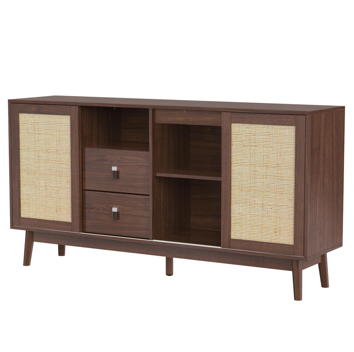 SIDEBOARD 155/38/80 cm in dunklem Holz mit 3 Rattan-Schiebetüren und 2 Schubladen - Nussbaumfarben, Holzwerkstoff (155/80/38cm) - Flora Grace
