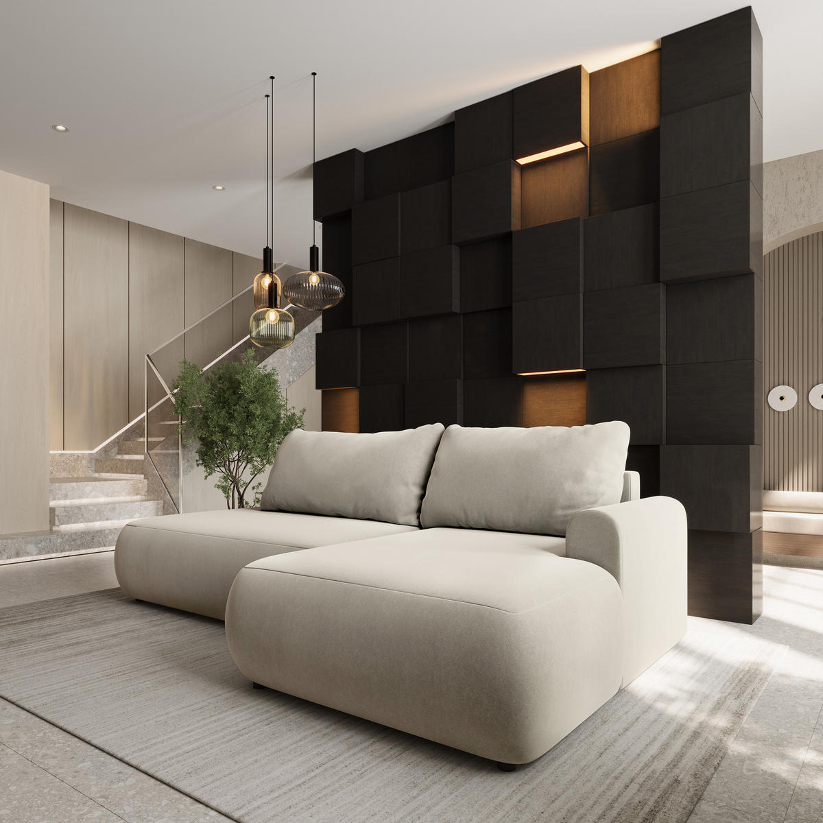 ECKSOFA NUVIRA CL R-S Creme Samtstoff mit Schlaffunktion - Creme, Holzwerkstoff/Textil (279/158cm) - MASSENO