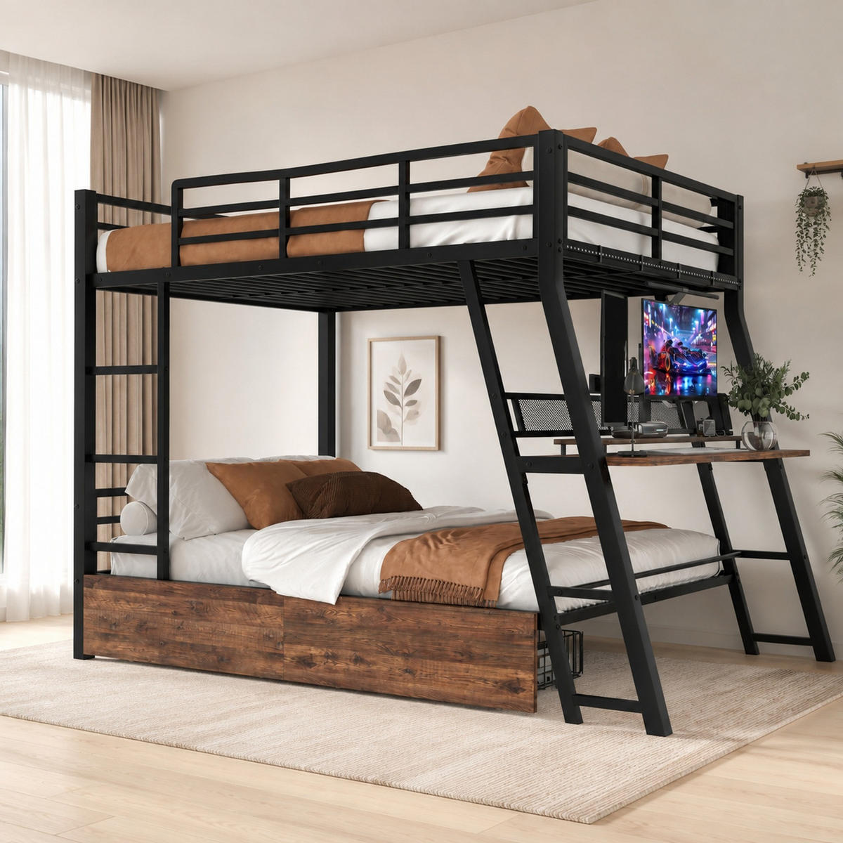 ETAGENBETT 140/200 mit LED, Schreibtisch und Schubladen in Schwarz - Schwarz, Holzwerkstoff/Metall (140/200cm) - EVRYAE