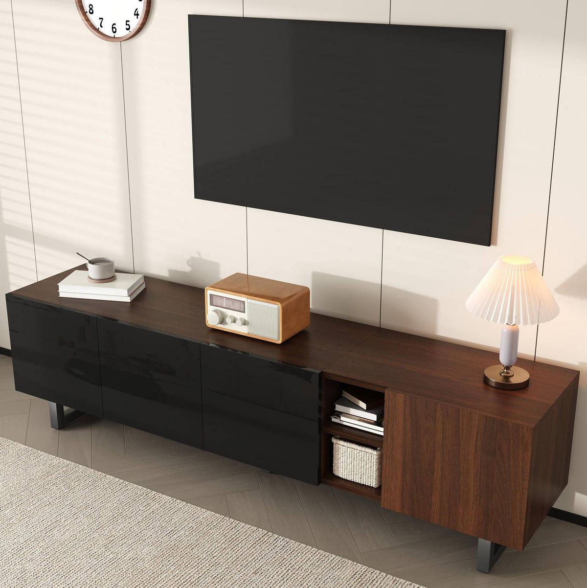 TV-SCHRANK aus MDF 180x38x50 cm Schwarz/Natur mit grifflosen Türen, Hochglanzfront und viel Stauraum - Hellbraun, Holzwerkstoff (180/50/38cm) - Modfu