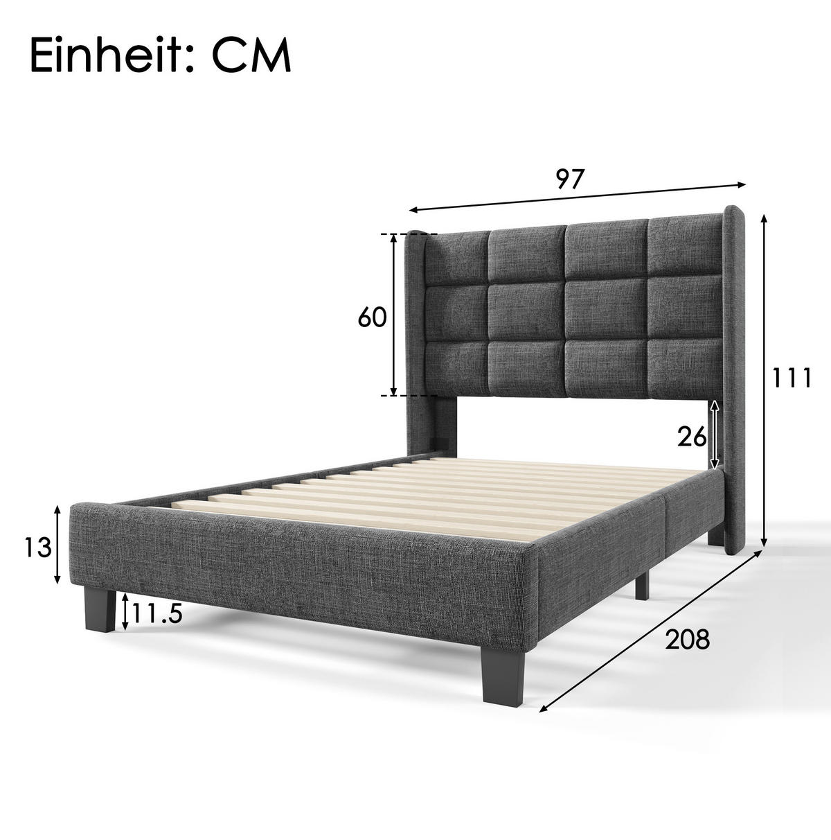 POLSTERBETT aus Leinen 90x200 cm in Grau mit Lattenrost & Matratze - Grau, Textil (90/200cm) - Modfu