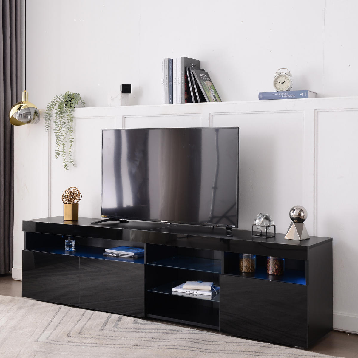 TV-SCHRANK in Schwarz Hochglanz mit LED Beleuchtung und Türen 180/35/48 cm - Schwarz, Holzwerkstoff (180/48/35cm) - Redom