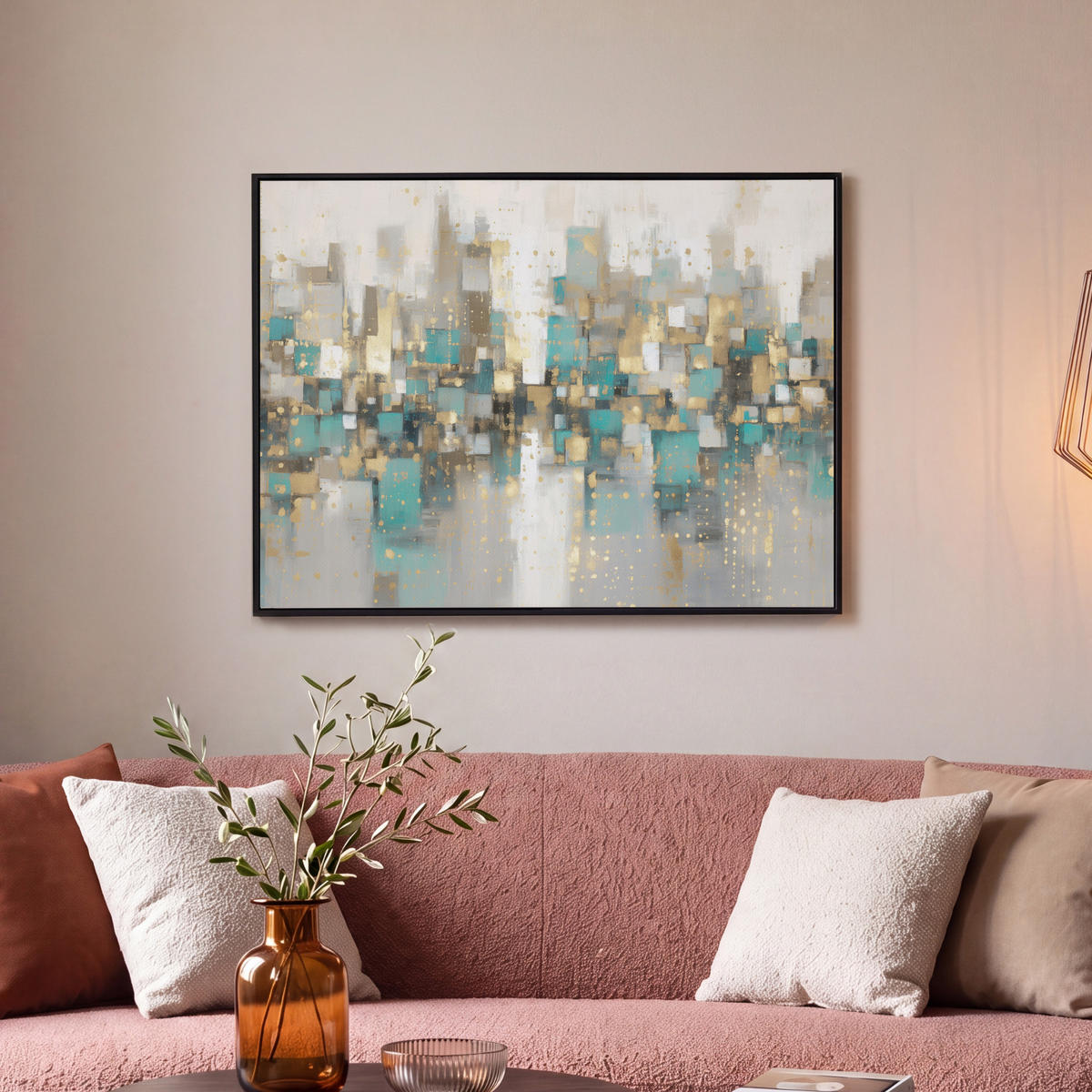 LEINWAND Bilder mit Rahmen - Abstrakt - Blöcke - Gold - Skyline - 80x60 - Beige, Textil (80/60cm) - MuchoWow