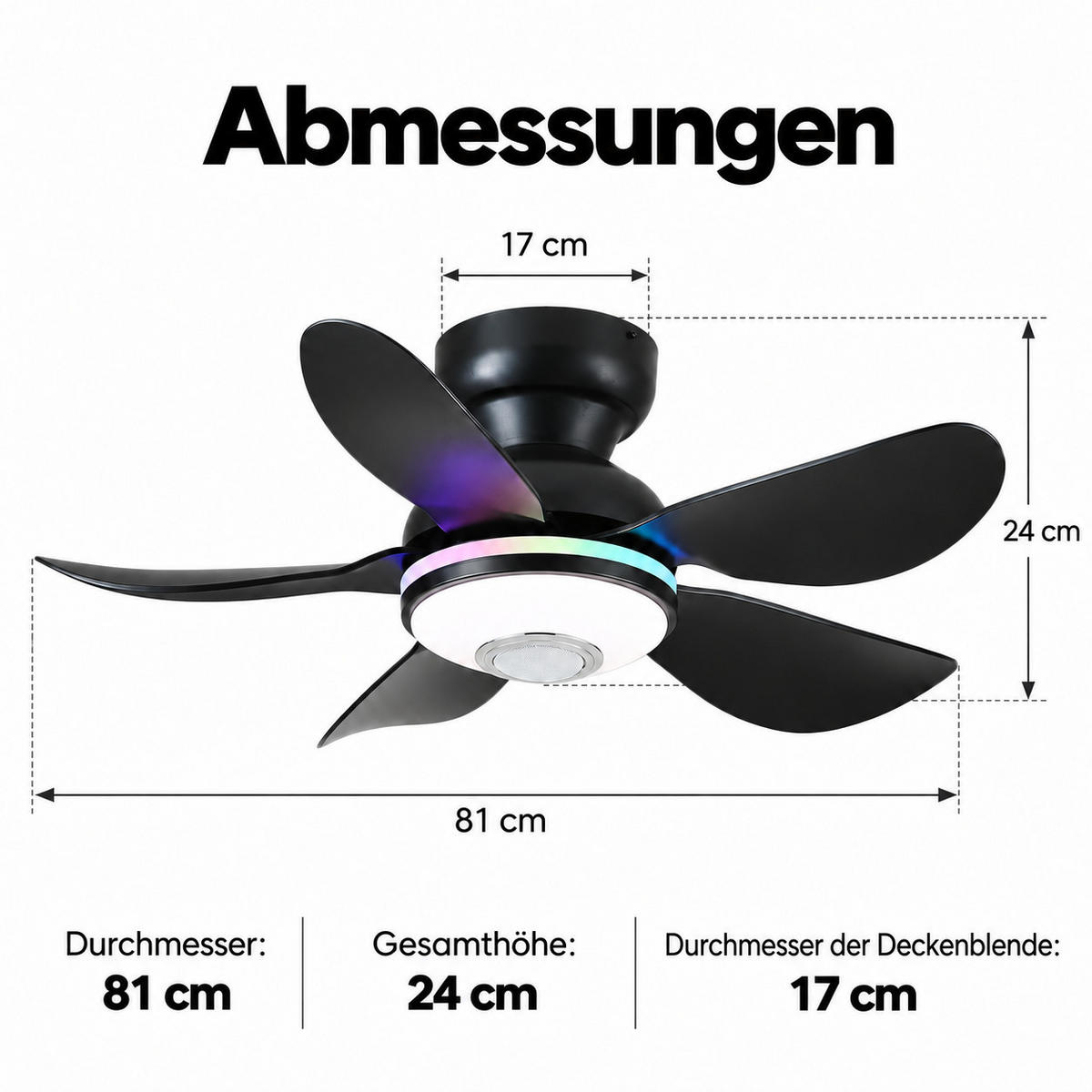 DECKENVENTILATOR Schwarz 81 cm mit LED und leisem DC-Motor - Schwarz, Kunststoff (81/81/24cm) - Surtime