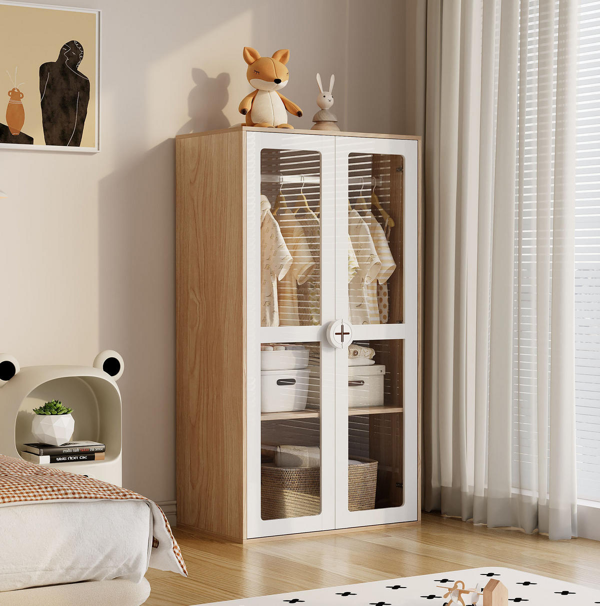 KLEIDERSCHRANK 80/50/150 cm in Natur/Weiß mit Acryltüren und verstellbaren Regalen - Naturfarben, Holzwerkstoff (80/150/50cm) - BEAOK