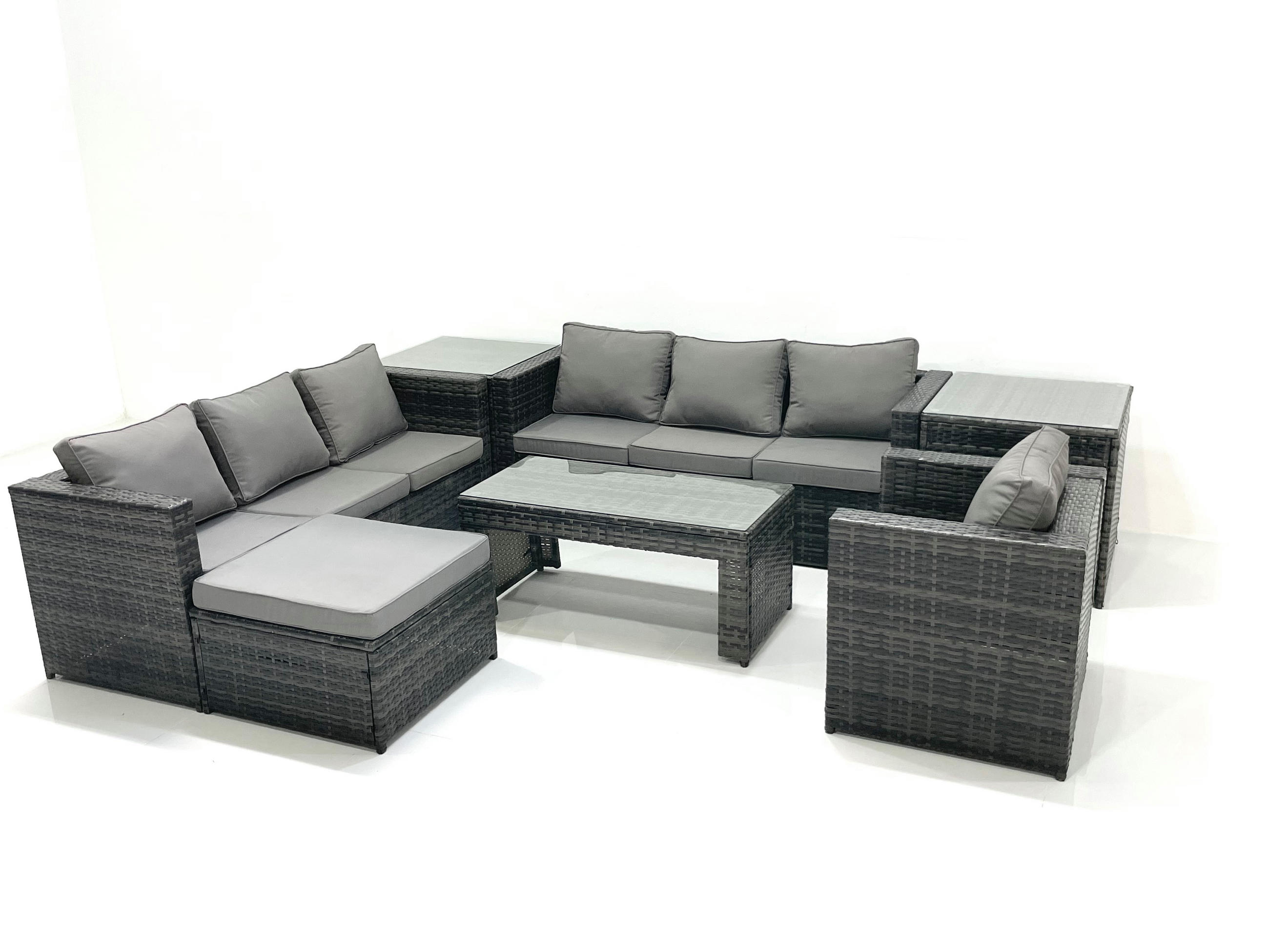 GARTENMÖBEL-SET COUCHTISCH SESSEL SOFA mit HOCKER Polyrattan Dunkelgrau Gemischt 8-Sitzer - Dunkelgrau/Grau, Glas/Kunststoff - Fimous