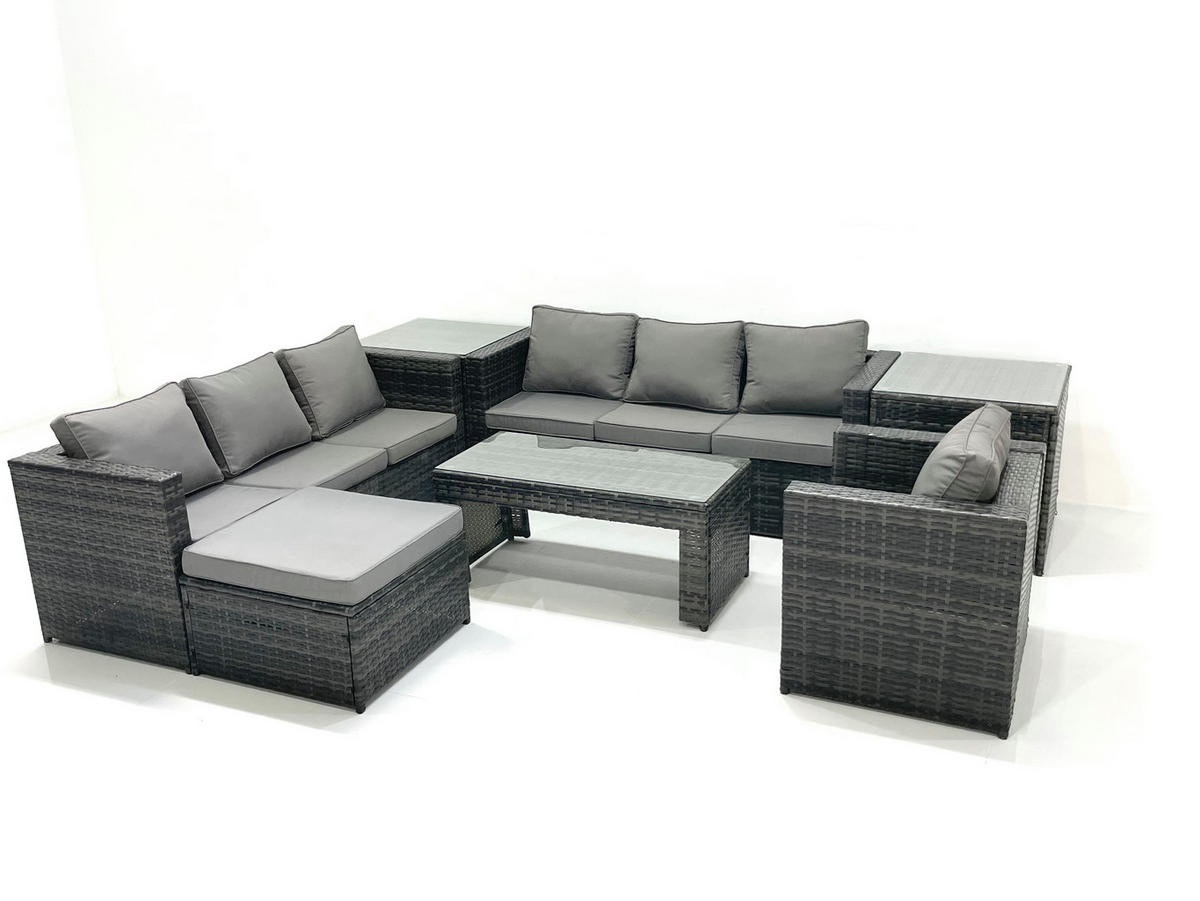 GARTENMÖBEL-SET COUCHTISCH SESSEL SOFA mit HOCKER Polyrattan Dunkelgrau Gemischt 8-Sitzer - Dunkelgrau/Grau, Glas/Kunststoff - Fimous