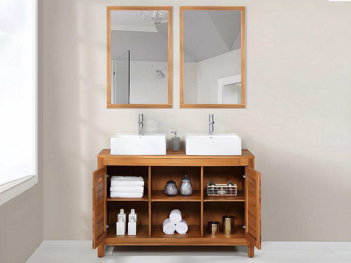 DOPPELWASCHTISCH - 130 cm x 50 cm - Keramik, Holz, Platte - Naturfarben Dunkel - PULUKAN - Naturfarben, Keramik/Holz (130/83/50cm) - Vente-Unique