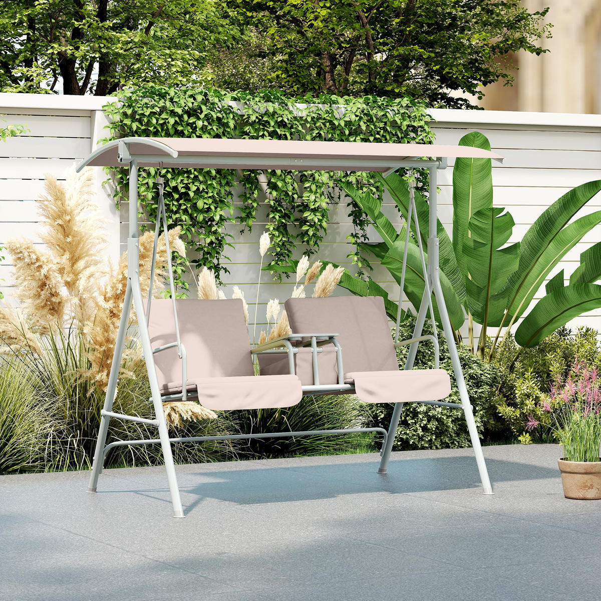 HOLLYWOODSCHAUKEL DE-07099 2-Sitzer, verstellbares Sonnendach, bis 180 kg Beige - Beige, Metall (175/158/112cm) - ComfortXL