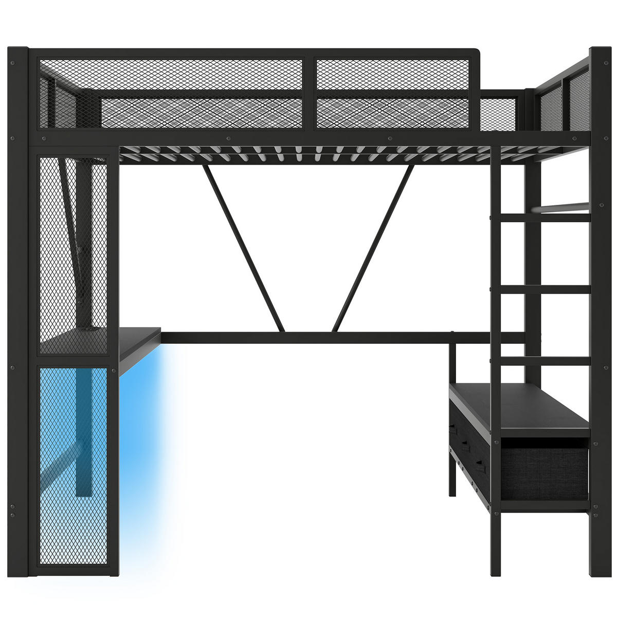 HOCHBETT 140/200 cm aus Metall mit LED-Beleuchtung, USB-Anschluss, Schreibtisch und 3 Schubladen, Schwarz - Schwarz, Holzwerkstoff (140/200cm) - Redom