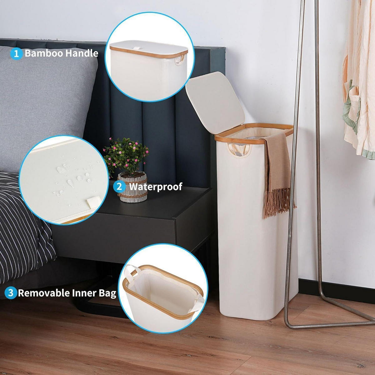 WÄSCHEKORB schmal 63L mit Deckel und herausnehmbarem Beutel Beige - Beige, Naturmaterialien (22/70/40cm)