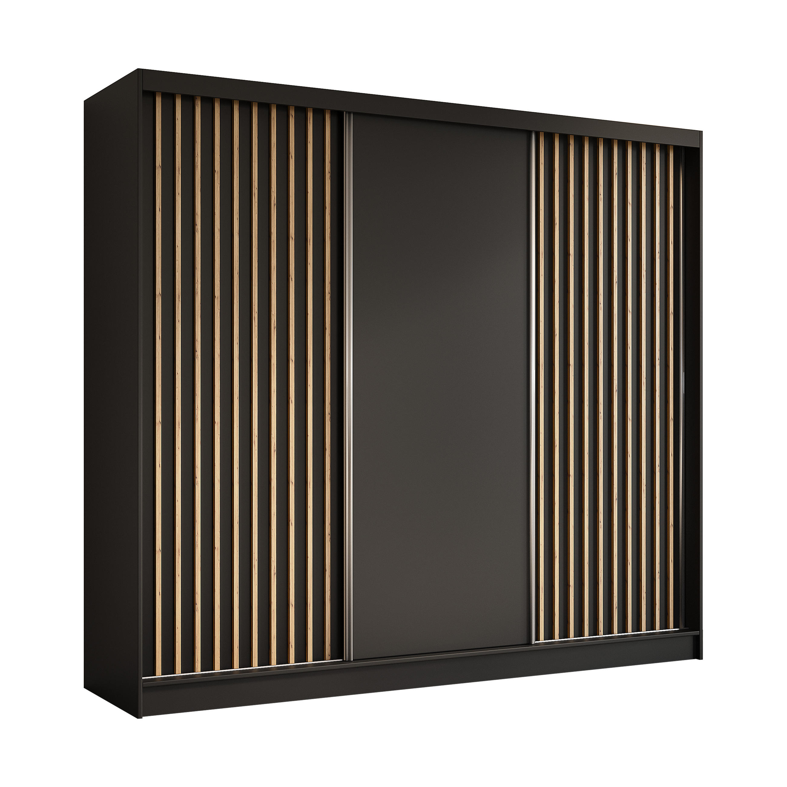 KLEIDERSCHRANK mit furnierten Schiebetüren und Aluminium-Leisten, LED-Beleuchtung - LABELO - 240 cm Schwarz+Schwarz+Artisan - Schwarz/Eiche Artisan, Holzwerkstoff (240/216/61cm) - ALTDECOR