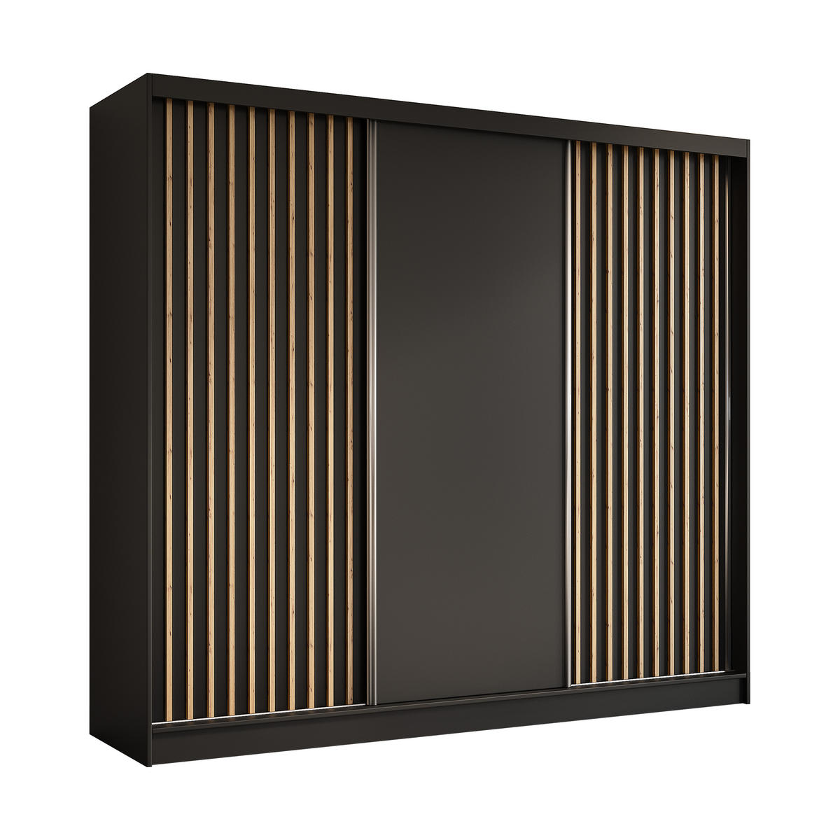 KLEIDERSCHRANK mit furnierten Schiebetüren und Aluminium-Leisten - LABELO - 240 cm Schwarz+Schwarz+Artisan - Schwarz/Eiche Artisan, Holzwerkstoff (240/216/61cm) - ALTDECOR