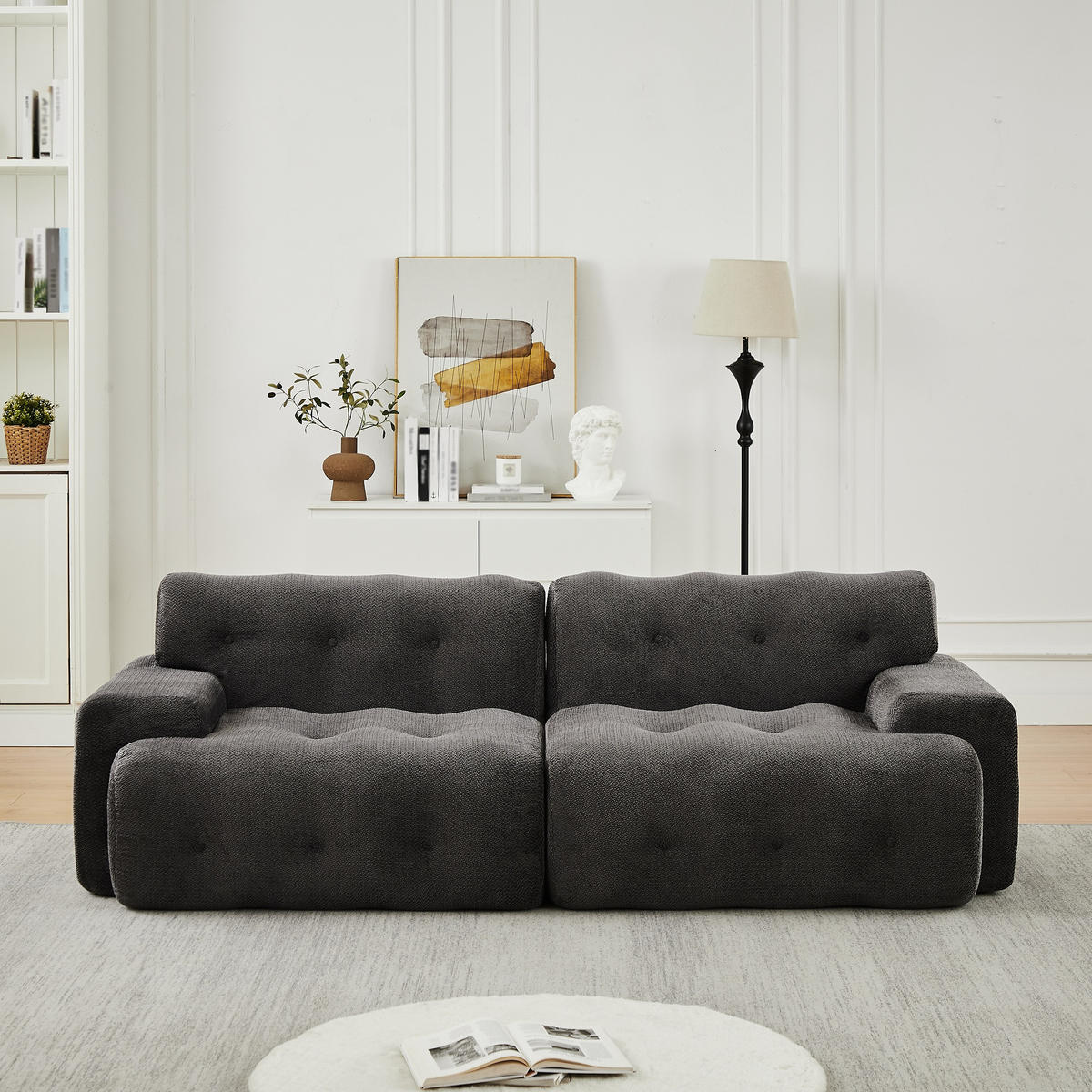 2-SITZER SOFA Chenille Grau mit Knopfverzierung und Armlehnen - Dunkelgrau, Textil (224/66/104cm) - WISHDOR