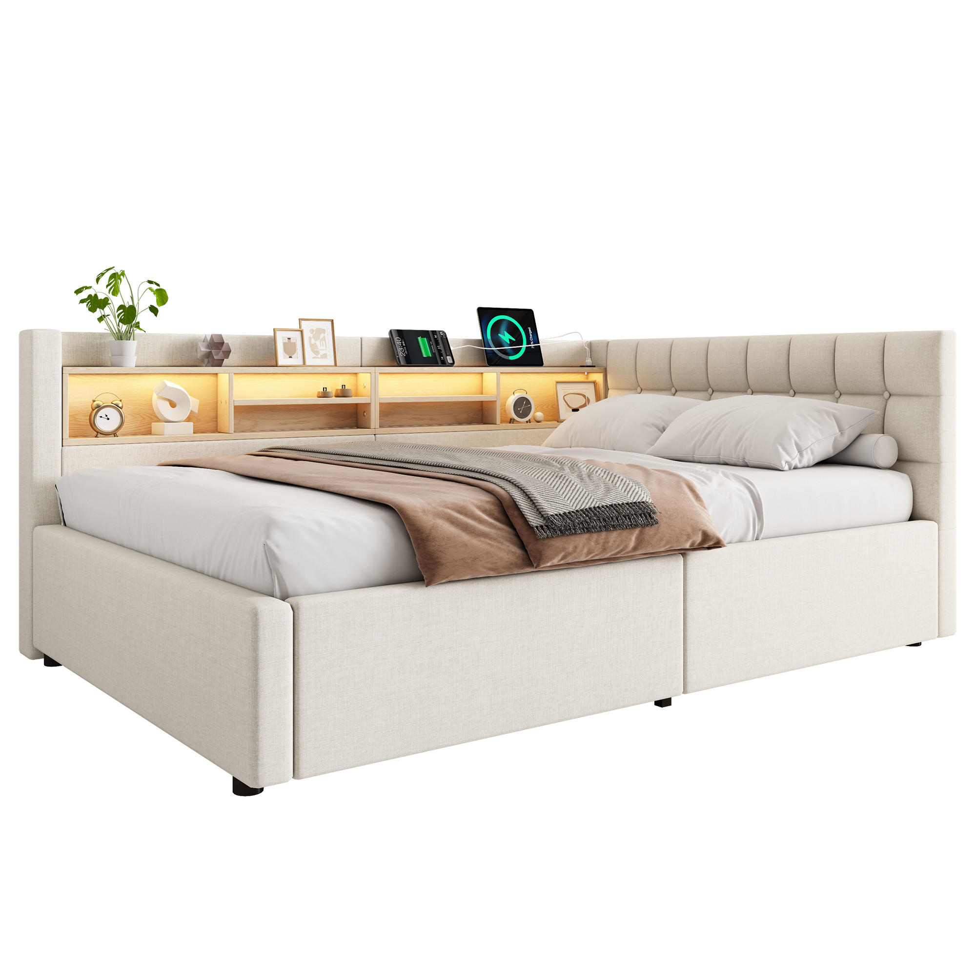 TAGESBETT 140x200cm Schlafsofa Hydraulik LED USB Beige - Beige, Naturmaterialien (140/200cm) - FLIEKS