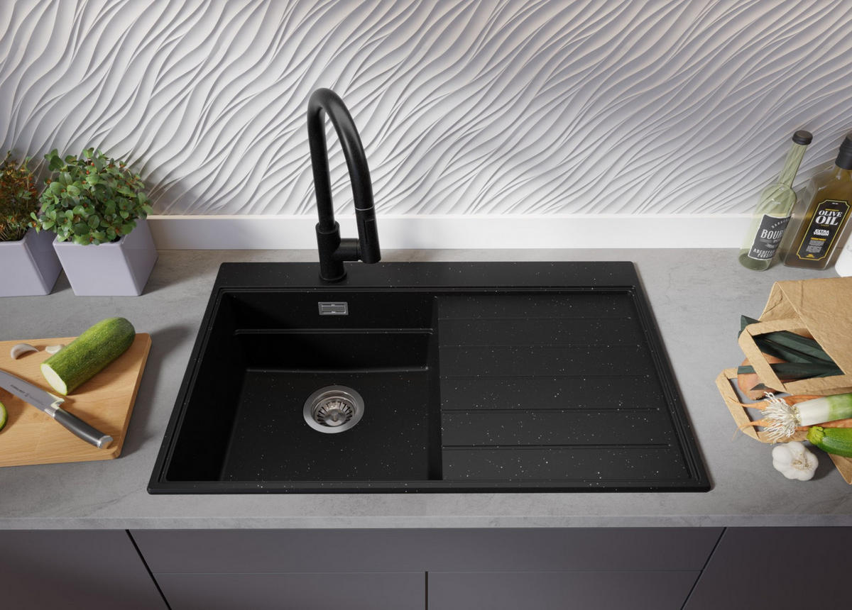 SPÜLBECKEN Sydney, 2-er set Schwarz Metallic 78/50 cm 1 Becken + Ablauf-Set + Küchenzubehörset ab 45er Unterschrank - Chromfarben/Schwarz Hochglanz, Kunststoff (78/20/50cm) - Primagran