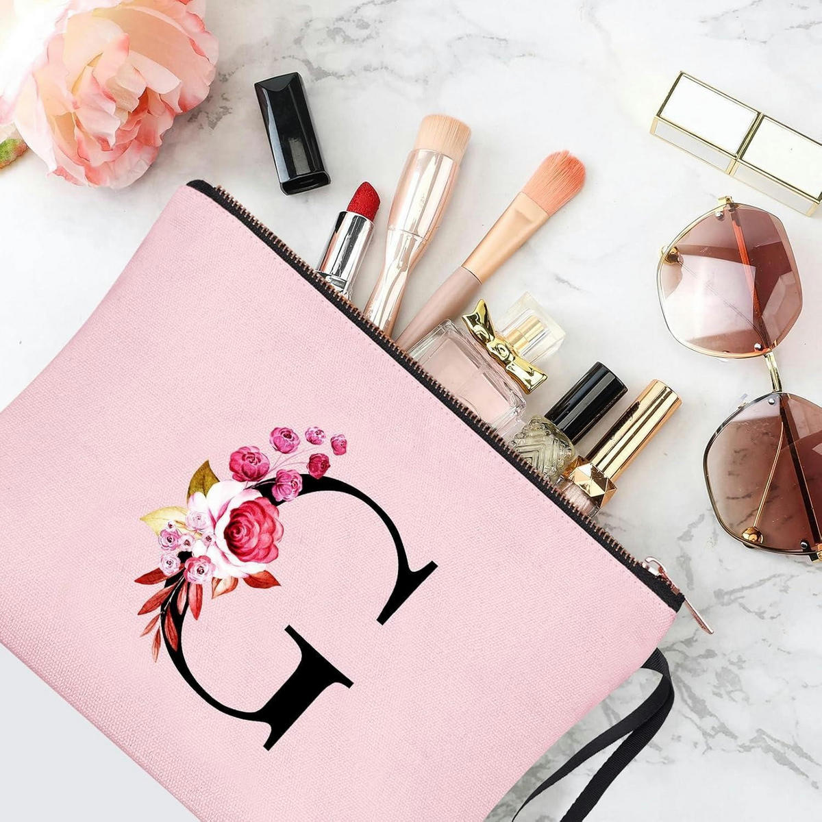 KULTURBEUTEL mit Initial G und Blumenprint Pink - Rosa, Textil (5/16/24cm)