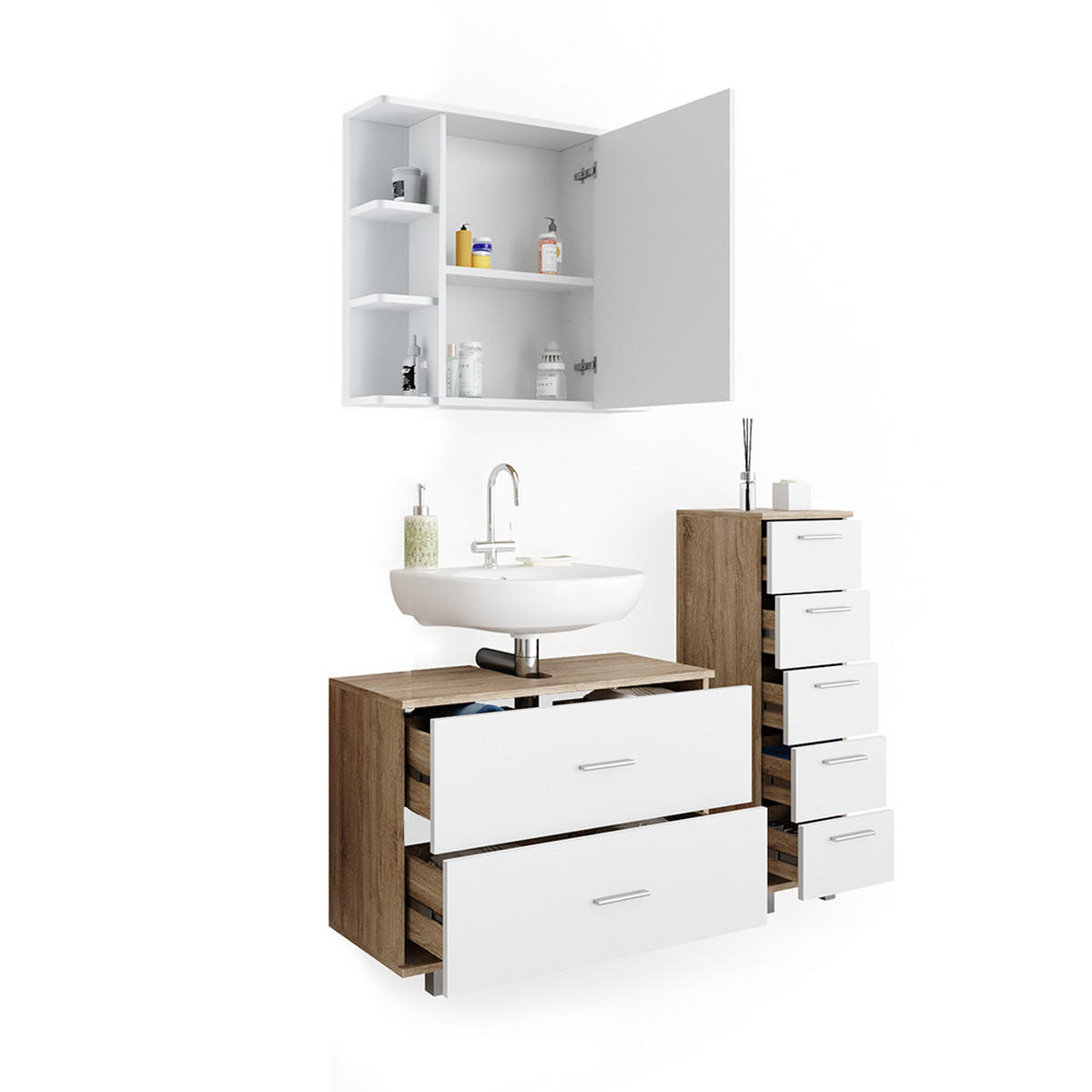 BADMÖBEL-SET Ilias Weiß/Sonoma 3 Teile, mit Unterschrank 80 cm - Weiß/Sonoma Eiche, Holzwerkstoff (80/60/33cm) - Vicco