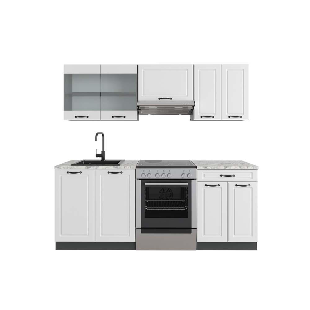 KÜCHENZEILE R-Line Weiß Landhaus/Anthrazit 200 cm, AP Marmor - Anthrazit/Creme, Holzwerkstoff (200/81.6/60cm) - Vicco