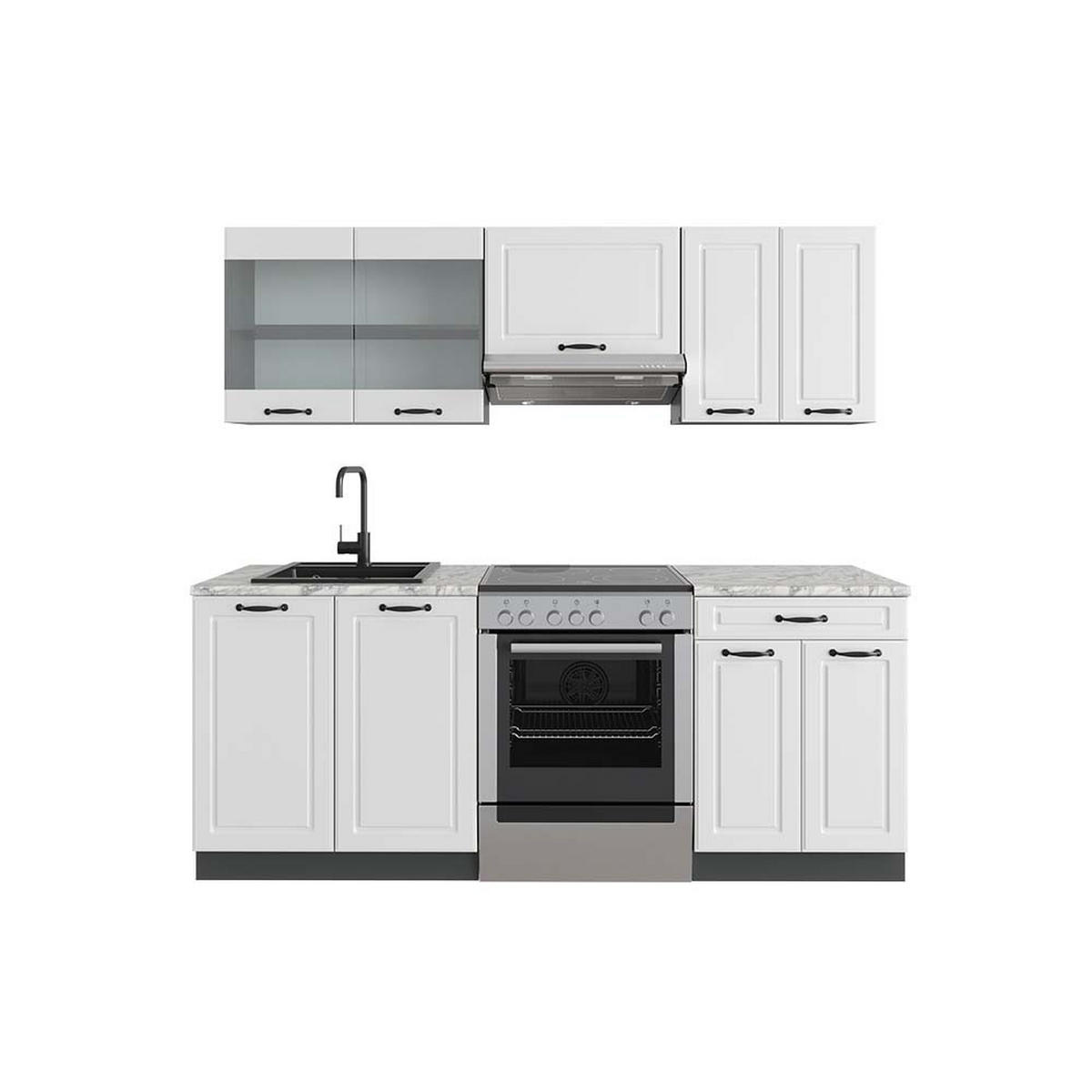 KÜCHENZEILE R-Line Weiß Landhaus/Anthrazit 200 cm, AP Marmor - Anthrazit/Creme, Holzwerkstoff (200/81.6/60cm) - Vicco