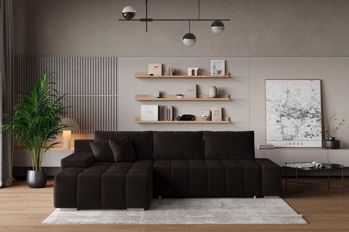 ECKSOFA ALESE L-S Braun Velours-Stoff mit Schlaffunktion - Braun, Holz (265/185cm) - MASSENO