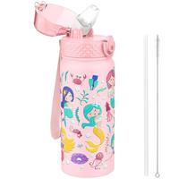 TRINKFLASCHE Kinder 550 ml Edelstahl mit Strohhalm und auslaufsicherem Deckel Rosa Meerjungfrau - Rosa, Metall (7.5/7.5cm)
