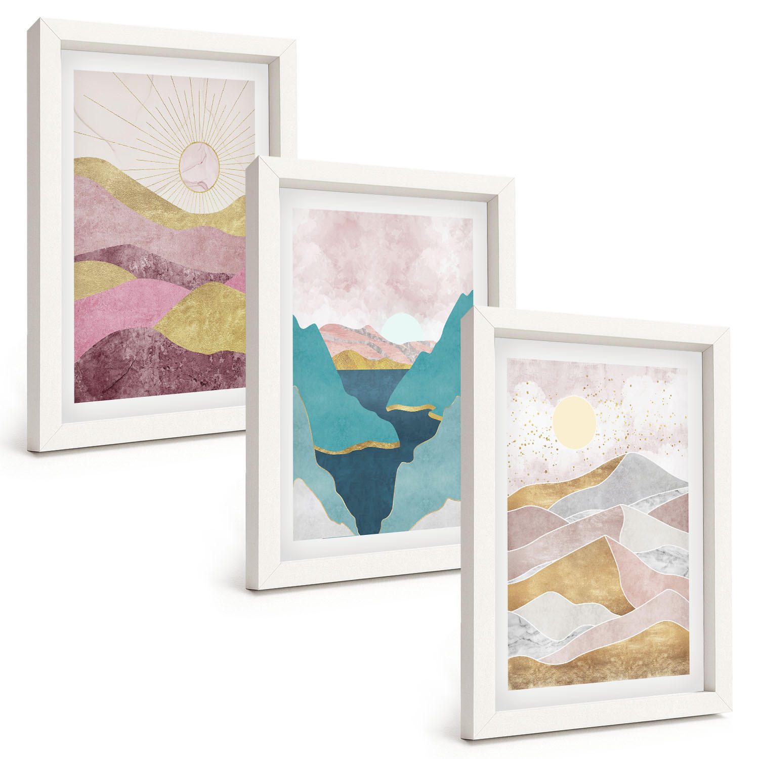 BILDER SET 3er Set - 20x30 cm Weißer Rahmen - Abstrakte Berge Sonne - Weiß, Kunststoff (20/30cm) - TULUP