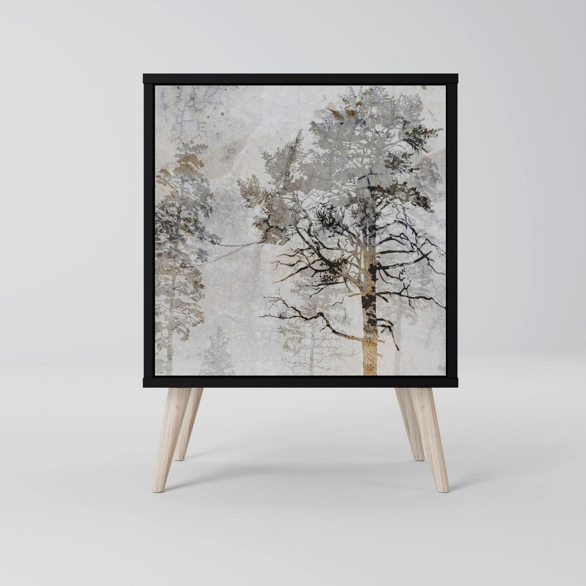 SIDEBOARD FADE IN THE TREES, Schwarz, 57,5x42x75,5 cm, Goldfarbene Metallfüße - Goldfarben/Multicolor, Holzwerkstoff/Metall (57.5/75.5/42cm) - SpaceRebels