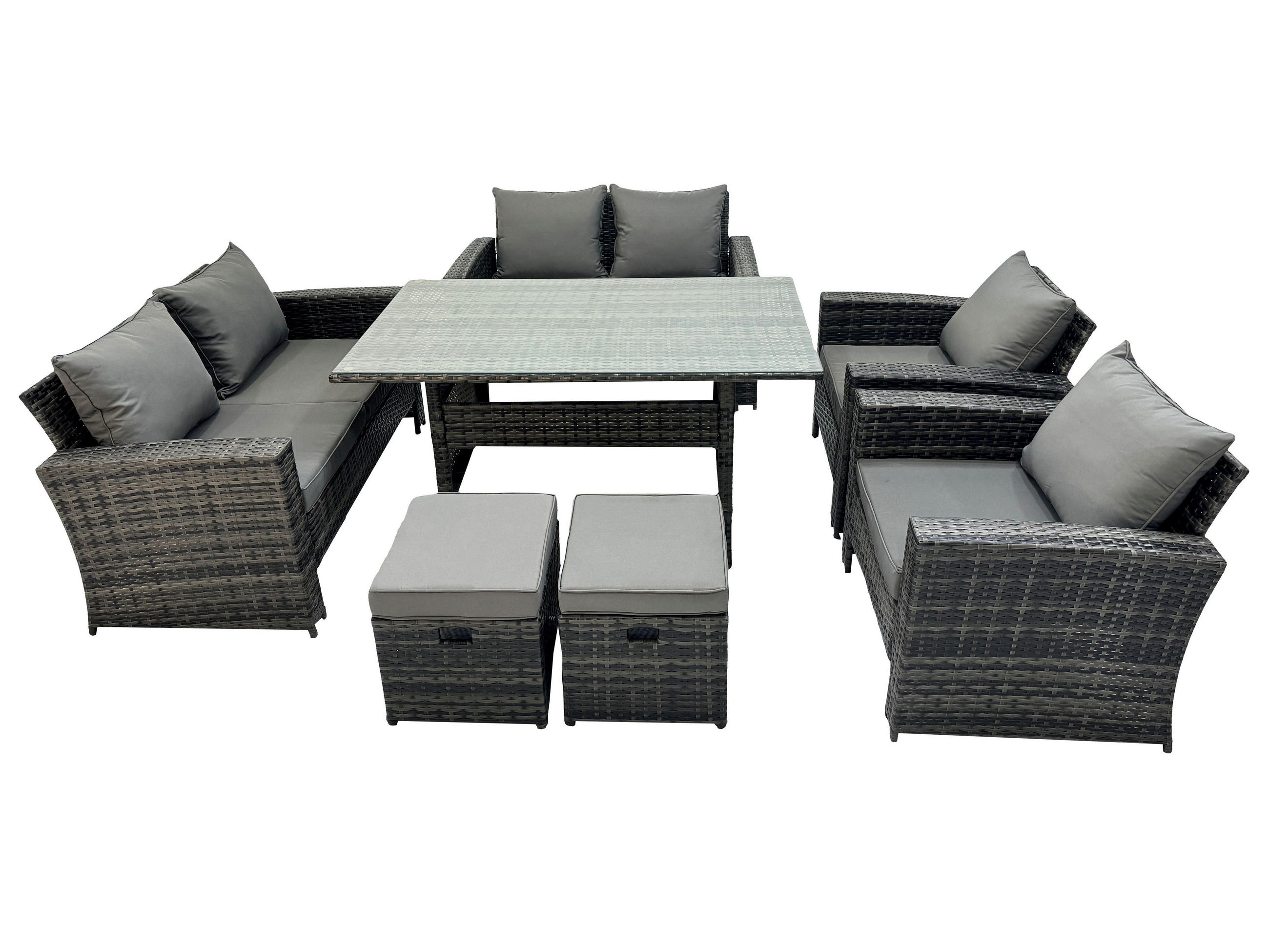 GARTENMÖBELSET mit 2 Sesseln,2 Zweisitzer,2 Hockern,Esstisch Polyrattan Dunkelgrau 8-Sitzer - Dunkelgrau/Grau, Glas/Kunststoff - Fimous