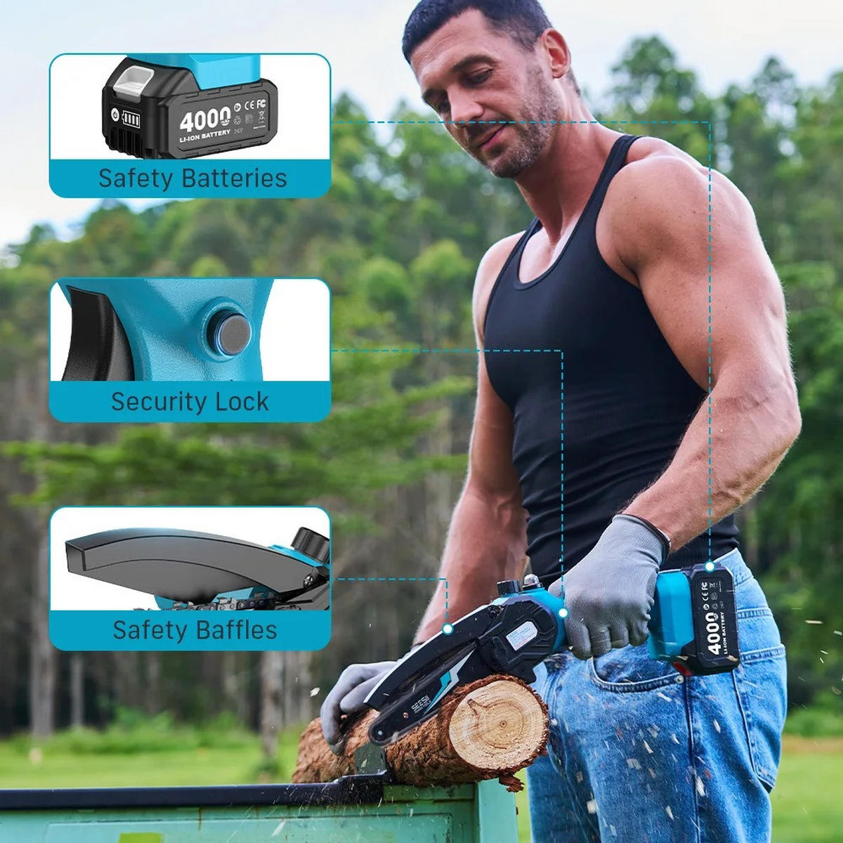 KETTENSÄGE kabellos 6 Zoll Makita-18V Kompatibel Mit 2 Akkus 4,0Ah - Blau, Metall (20/15/30cm) - Coonoor