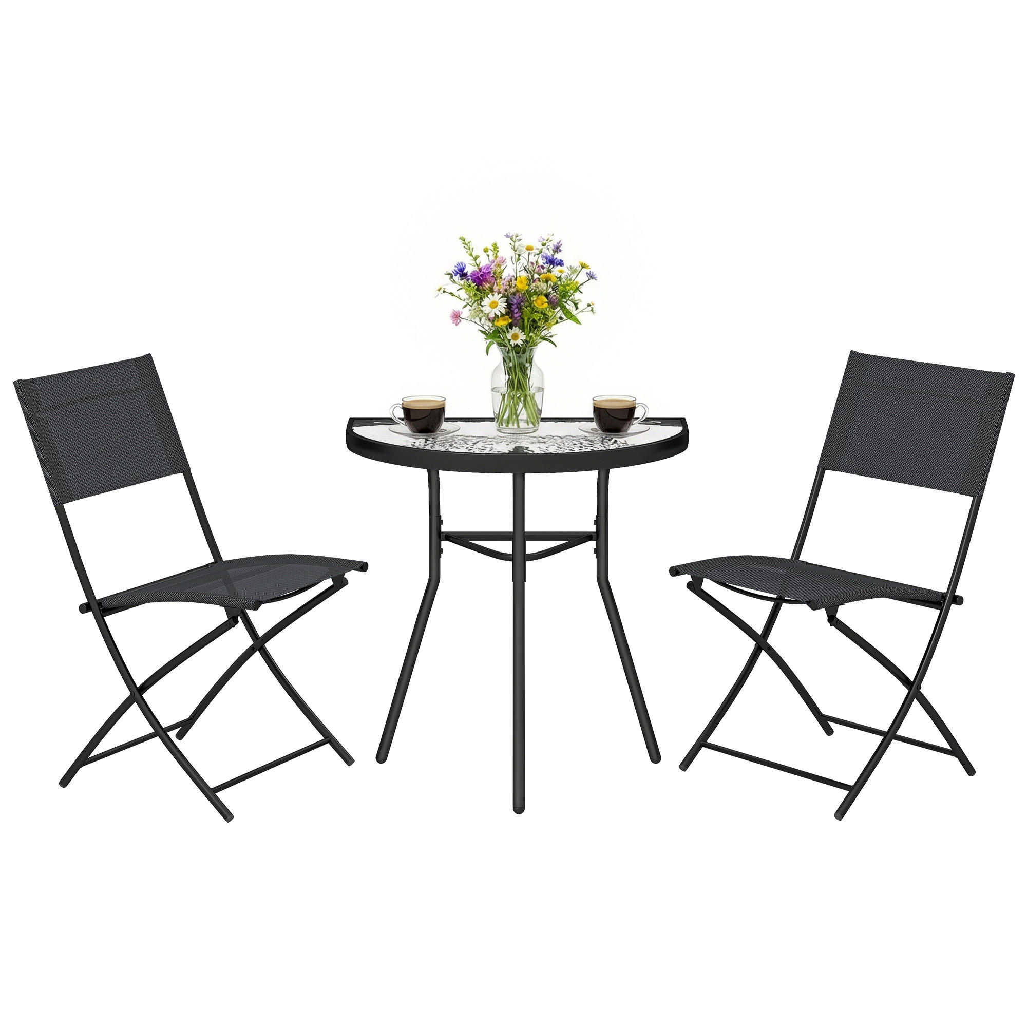 BALKONSET 3-teilig DE-14195 mit klappbaren Stühlen, halbrunder Glastisch Schwarz - Schwarz, Metall - ComfortXL