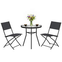 BALKONSET 3-teilig DE-14195 mit klappbaren Stühlen, halbrunder Glastisch Schwarz - Schwarz, Metall - ComfortXL