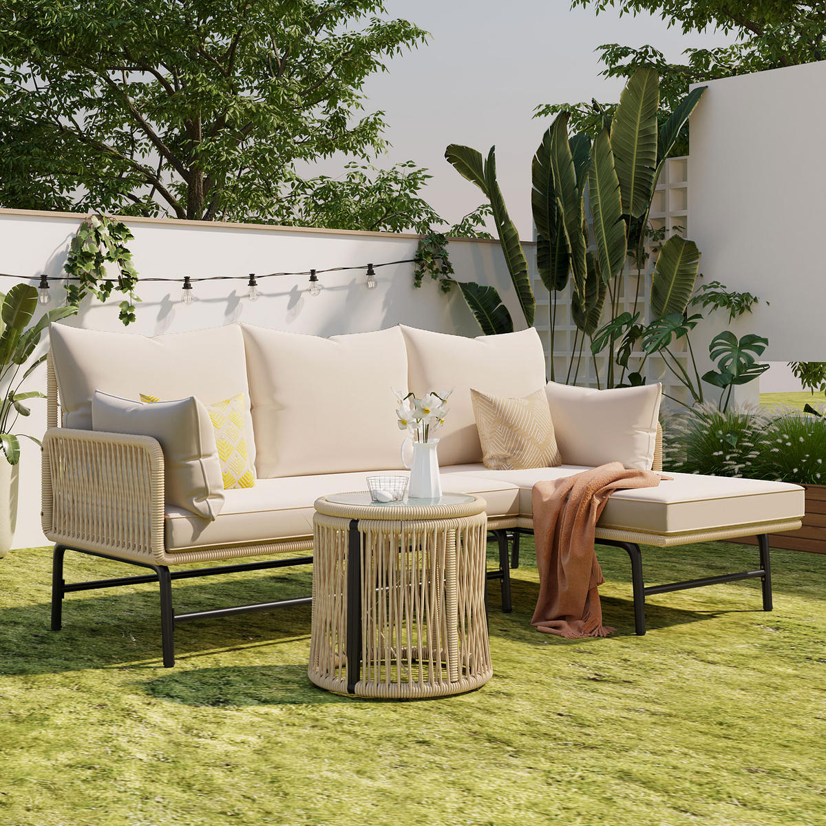 GARTENLOUNGE Set mit Eisengestell und beigem Seil LForm Gesprächsset mit Tisch Gewebtes Seil für Garten Terrasse Beige - Beige, Metall - FLIEKS