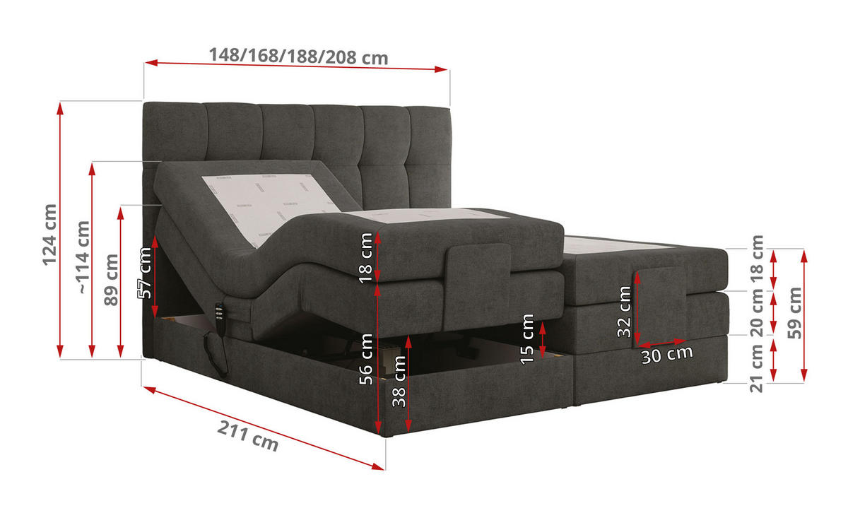 BOXBETT VITTORIA 180/200 - Dunkelgrau Struktur - H4 - Dunkelgrau, Holz/Textil (180/200cm) - MKS