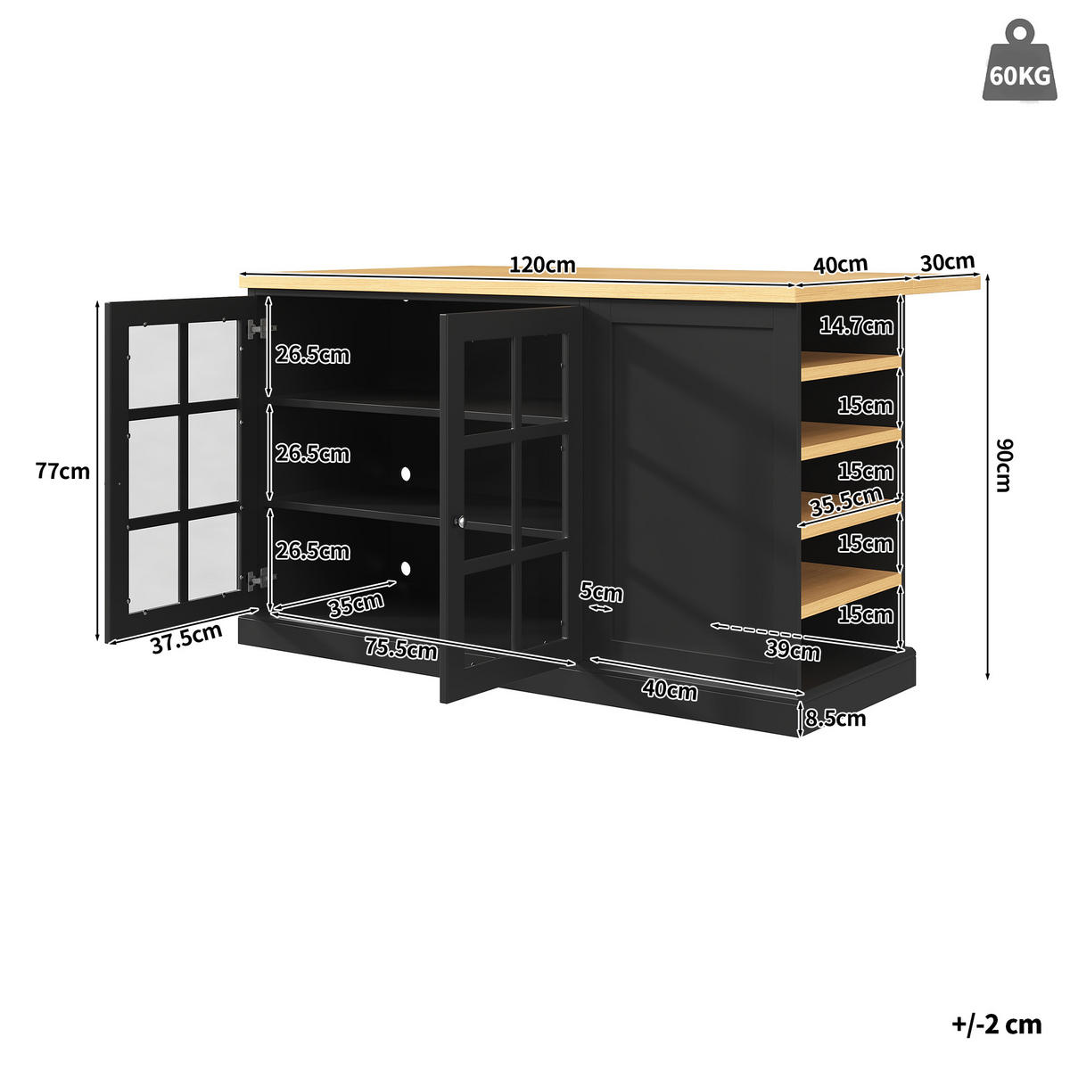 BARTISCH Schwarz 120/70/90 cm - Schwarz, Holzwerkstoff (120/90/70cm) - PANGIVO