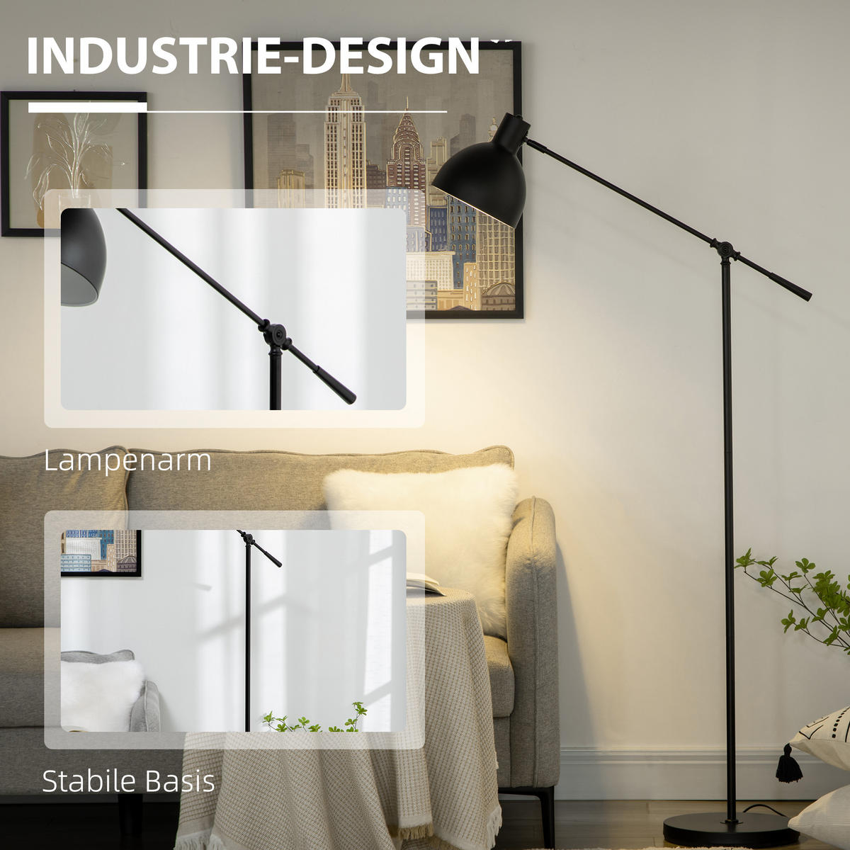 STEHLAMPE höhenverstellbar, 40 W Stehleuchte exkl. Leuchtmittel mit E27 Sockel - Schwarz, Metall (30/30/131cm) - HOMCOM