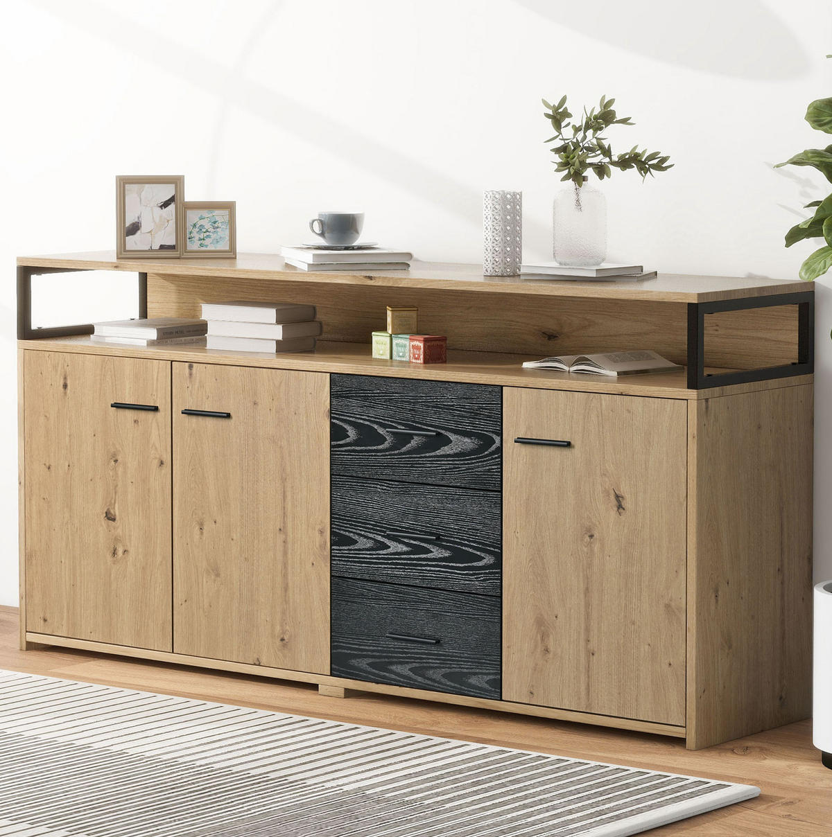 SIDEBOARD mit 3 Türen und 3 Schubladen, verstellbare Einlegeböden, 150/35/75,9 cm, Schwarz/Holzoptik - Naturfarben, Holzwerkstoff (150/75.9/35cm) - Redom