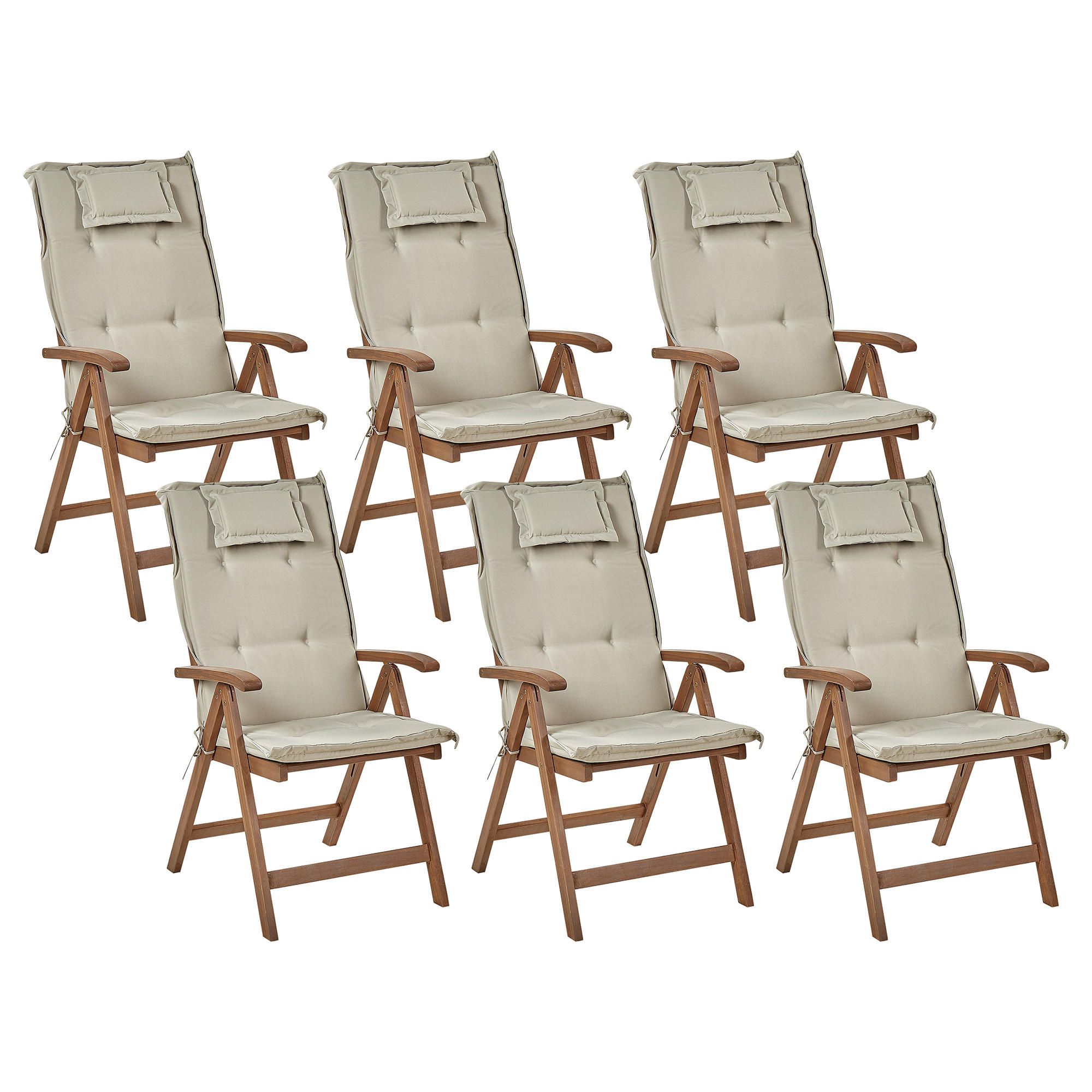 GARTENSTUHL 6er-Set Akazienholz dunkelbraun Auflagen taupe Amantea - Taupe/Dunkelbraun, Holz (54/105/69cm) - Beliani