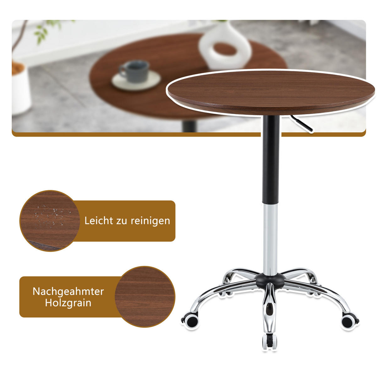 BEISTELLTISCH 70/70/73,5-98,5 cm Nussbaumfarben aus MDF und Metall höhenverstellbar - Walnussfarben, Holzwerkstoff (70/70/73.5cm) - OKMYHOME