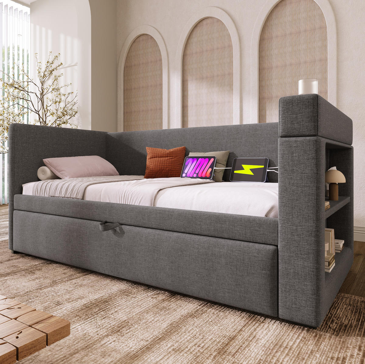 TAPECIRANI dnevni krevet od pamuka i lana 90x190 cm siva s izvlačnim ležajem, USB i Type-C priključkom - siva, tekstil (90/190cm) - Modfu