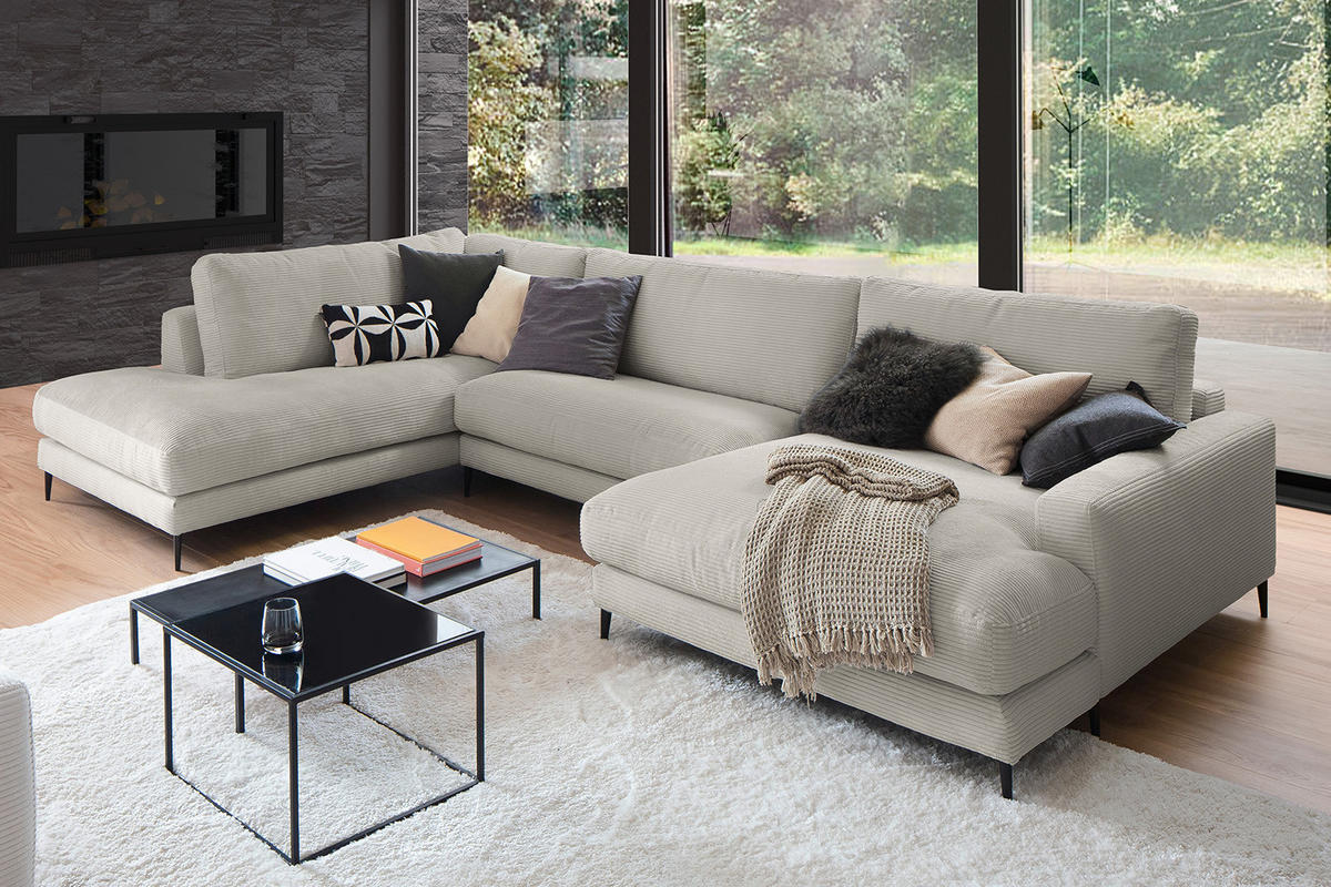 WOHNLANDSCHAFT CARA Steingrau Cord - Greige/Schwarz, Textil (341/84/223cm) - KAWOLA